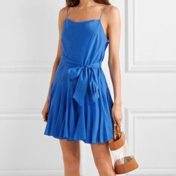 Alice + Olivia | Webber Cowl Neck Mini Dress Belted Godet Dress Blue Size 6 - Picture 2 of 16